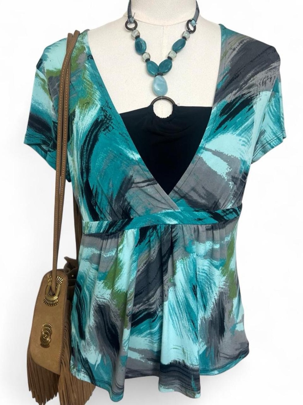 Y2K blue gray pattern blouse with stones rocks tie neck tuscan work short sleeve